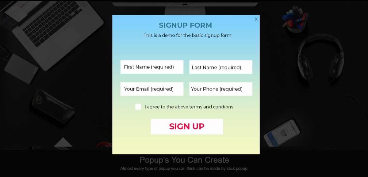 Sign Up Popup screenshot
